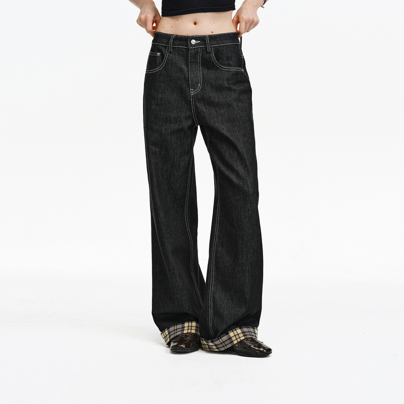 【Deng Chao's Style】Pclp Color-Block Plaid Raw Denim Jeans, Chinese Style Straight-Leg Pants, Loose Long Pants for Autumn and Winter