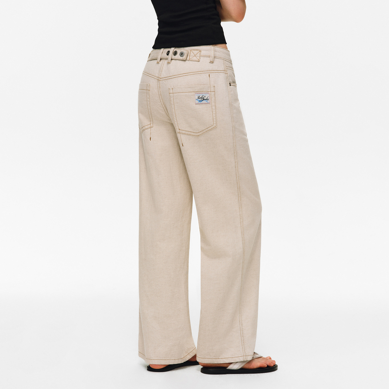 Pclp「Linen Original Cowhide」Retro Modern Paris Button Color-Blocked Micro-Flared Jeans Straight-Leg Slimming Long Pants