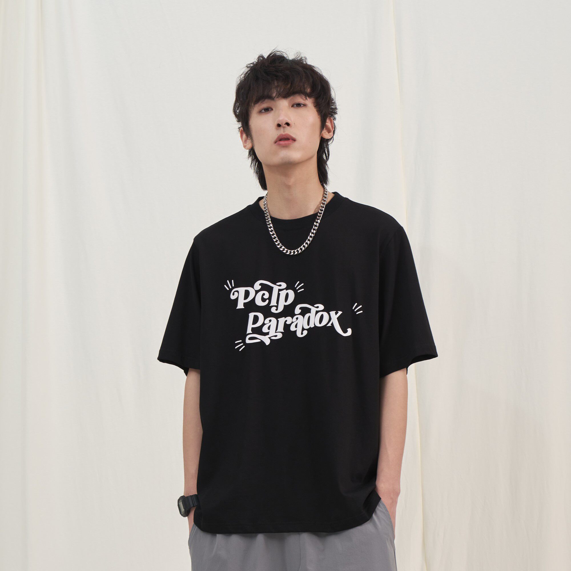 PCLP Summer round collar short sleeve T-shirt male brief approp. 100 hitch Tide Cards Loose Pure Color Half Sleeve Black