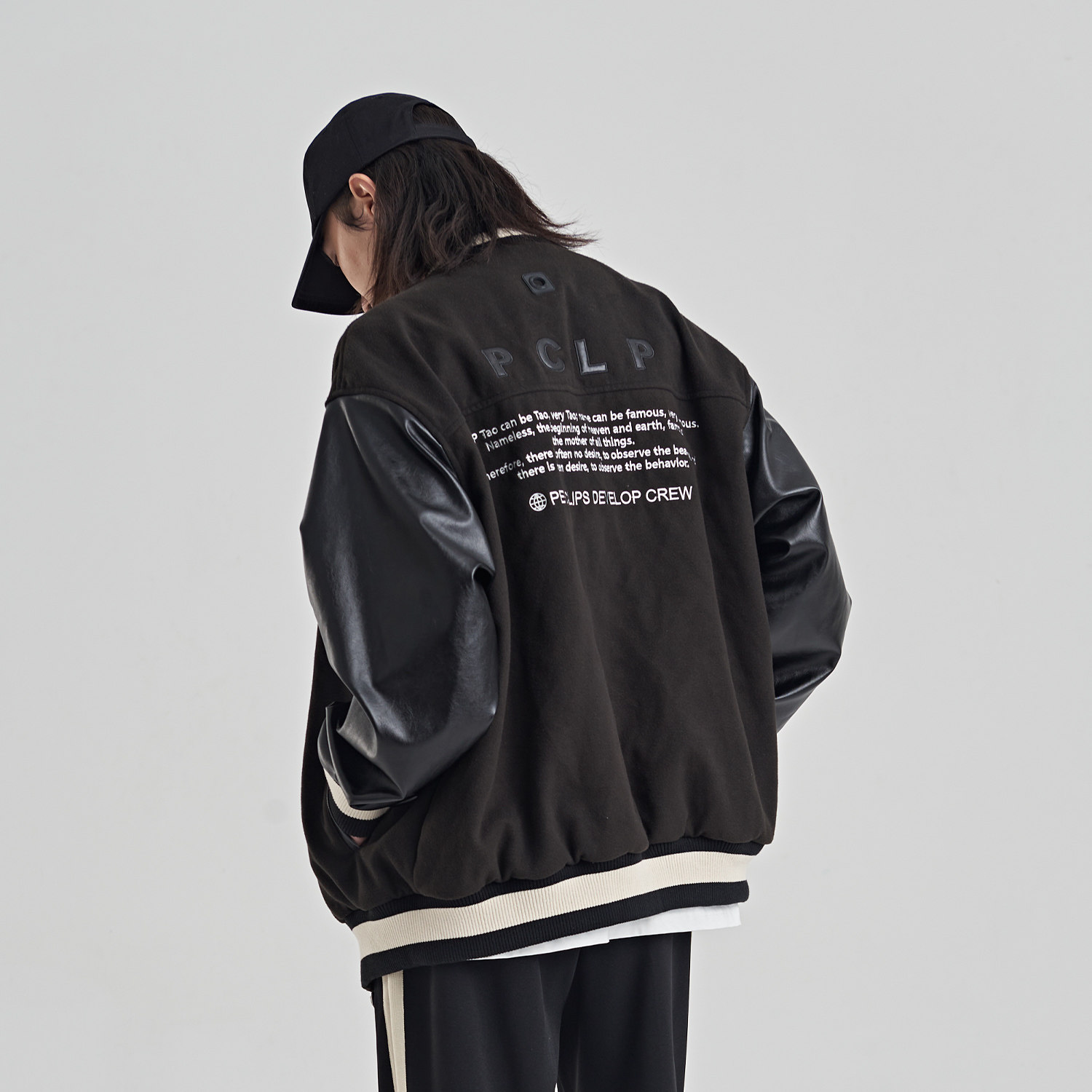 PCLP Universal Alphabet Collared Sleeves Black Baseball Suit National Tide Card Spring Autumn Season Jacket Jacket Man