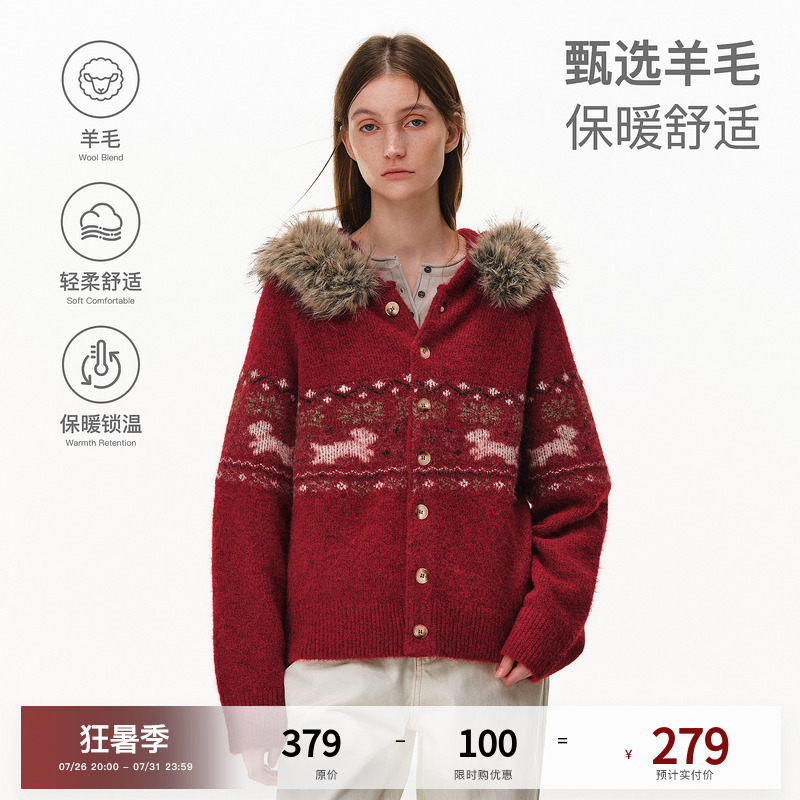 Pclp'Wool Blend' Fair Isle Detachable Fur Collar Hooded Sweater Winter National Fashion Brand Loose Knitwear Pclp'Wool Blend' Fair Isle Detachable Fur Collar Hooded Sweater Winter National Fashion Brand Loose Knitwear
