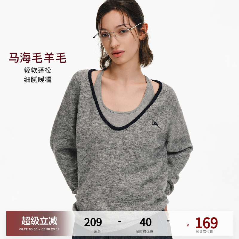 Pclp「Wool Blend」V-Neck Color-Blocked Knit Cardigan, Summer Retro Modern Versatile Loose Sweater Pclp「Wool Blend」V-Neck Color-Blocked Knit Cardigan, Summer Retro Modern Versatile Loose Sweater