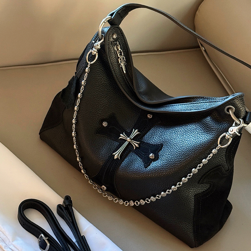 2025 New Hobo Bag Black Warrior Cross Genuine Leather Tote Bag Women's High-End Niche Shoulder Crossbody Bag Trendy