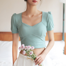 2021 new short T-shirt womens short-sleeved high-waisted jacket summer navel French square collar slim with chest pad