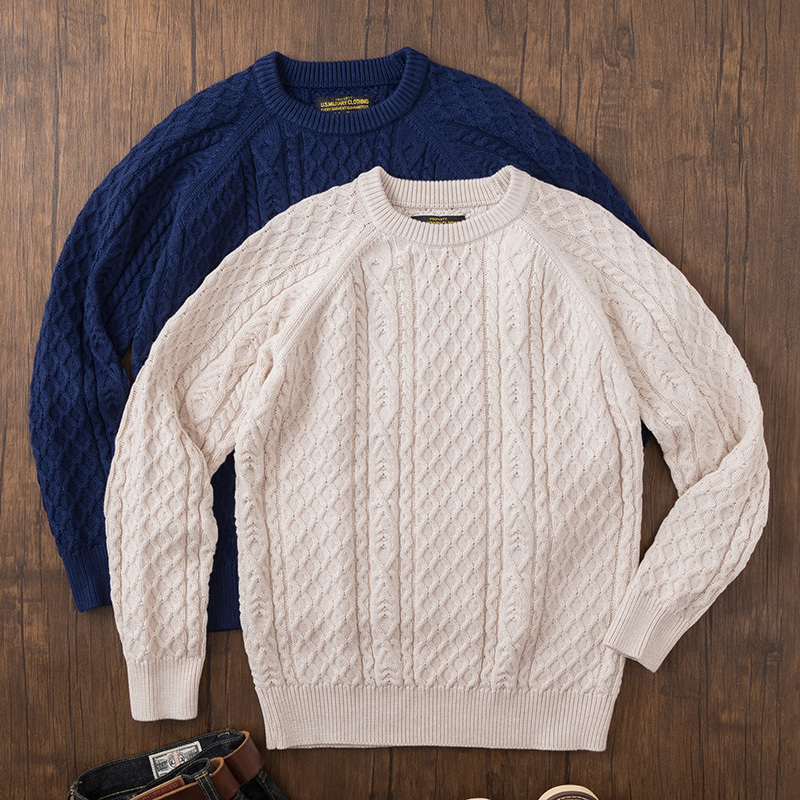 American Retro Pullover Crew Neck Cable Knit Fisherman Sweater British Old Money Style Thick Cable Knit Sweater Men's Wool Sweater