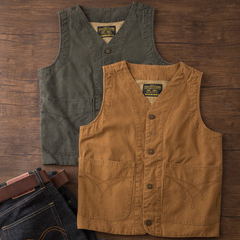 Heavyweight american khaki american retro double-layer canvas outdoor layered vest multi-pocket work vest for men in spring and autumn