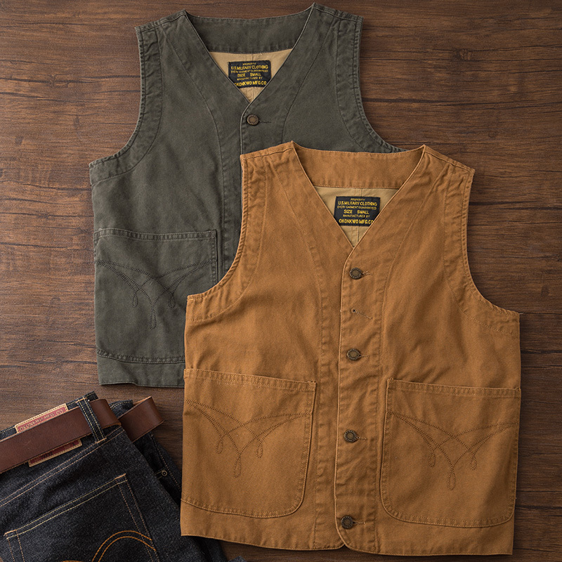 Heavy-Duty American-Style Vintage Double-Layer Canvas Outdoor Layered Vest with Multiple Pockets, Workwear Vest for Men, Suitable for Spring and Autumn