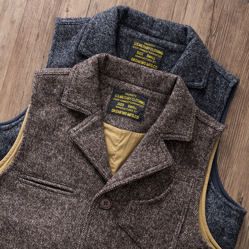 American Retro Woolen Vest for Men, Heavyweight Amekaji Thick Tweed Suit Collar Slim-Fit Work Vest
