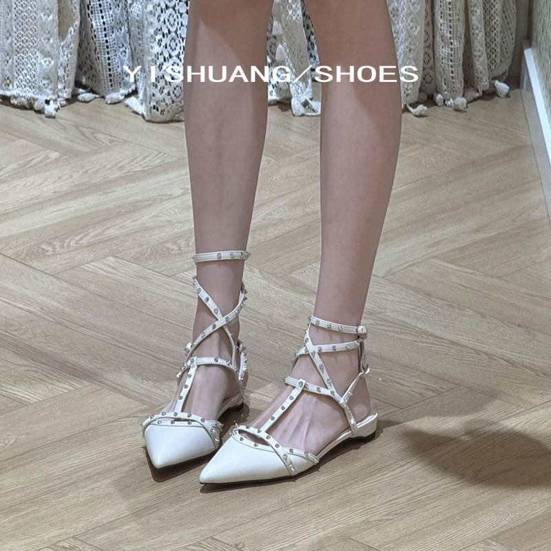 Sheepskin Version! Women's Summer French-Style White Studded Pointed Toe Cross-Strap Chunky Heel Stunning Sandals
