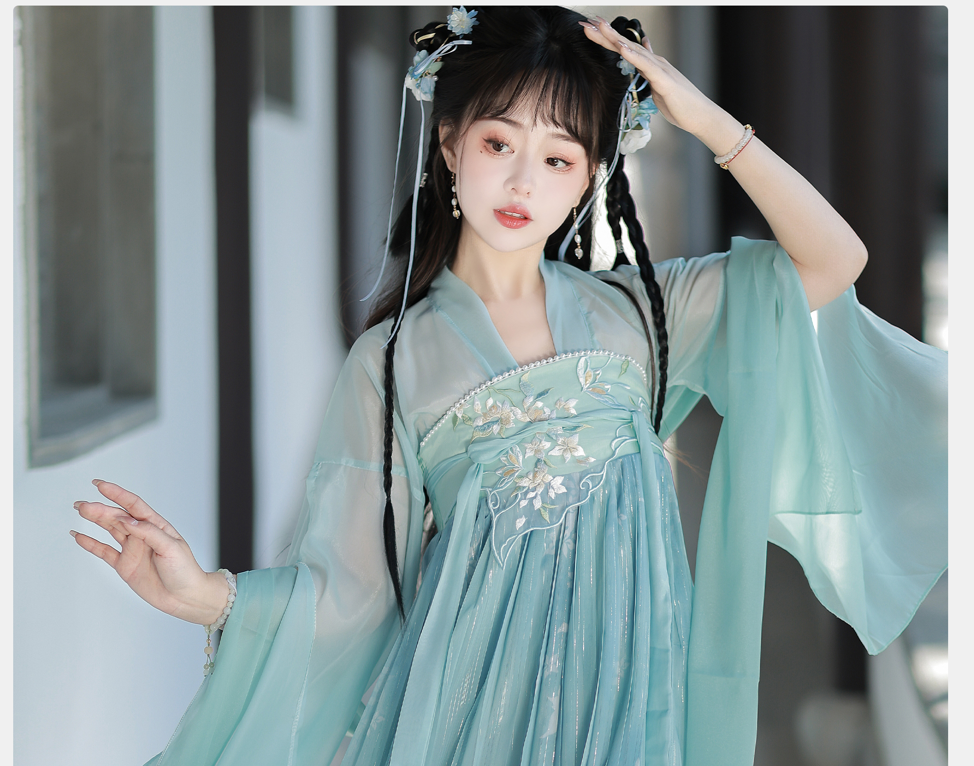 【中國直郵】 青錦閣 春秋款中國風古裝漢元素齊胸襦裙超仙唐製漢服 外披+上衣+吊帶裙+披帛 S