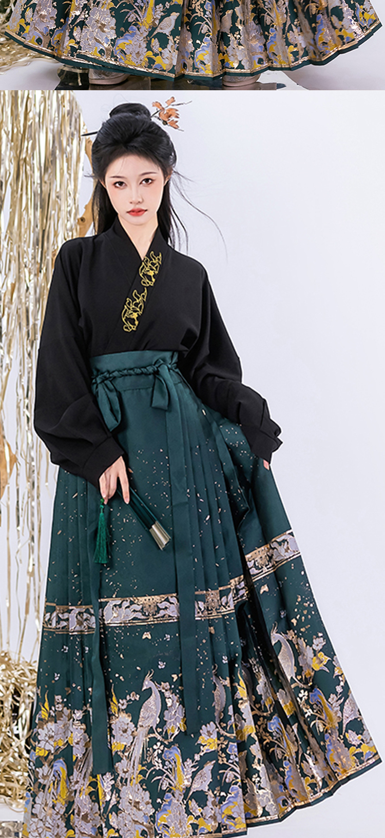 【中国直邮】荨茉 青锦阁 夏季新款中式明制织金马面裙汉服套装 黑色马面裙+白色交领上衣 S