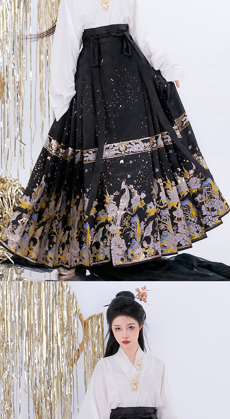 【中国直邮】荨茉 青锦阁 夏季新款中式明制织金马面裙汉服套装 黑色马面裙+白色交领上衣 S