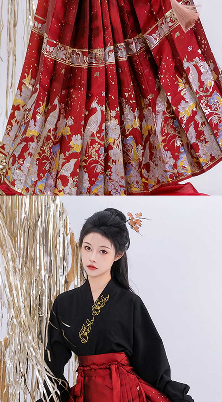 【中国直邮】荨茉 青锦阁 夏季新款中式明制织金马面裙汉服套装 黑色马面裙+白色交领上衣 S