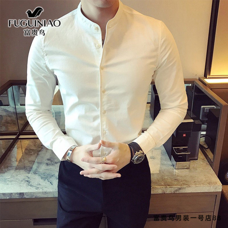 Fugui bird stand-up collar shirt men's spring and autumn season new Korean version Body Trend Handsome Business Casual Long Sleeve Shirt