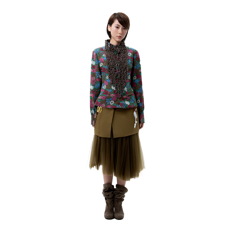 Tender Tender Army Green Printed Linen Cotton Pleated Lace High-Neck Fitted Long-Sleeve Shirt