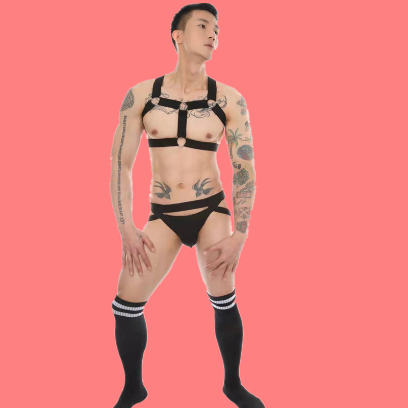 Boy Handsome Gas Nightclub Bar Clothing Display Large Steel Ring Chest Strap Shackles Double Ding Pants Sexy Long Silo Socks Performance Suit