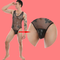Men Sexy Conjoined Mesh Yarn Vest Imitation Leather Sack Bag Zipper Triangular Pants Bungered Body Underwear Transparent Temptation