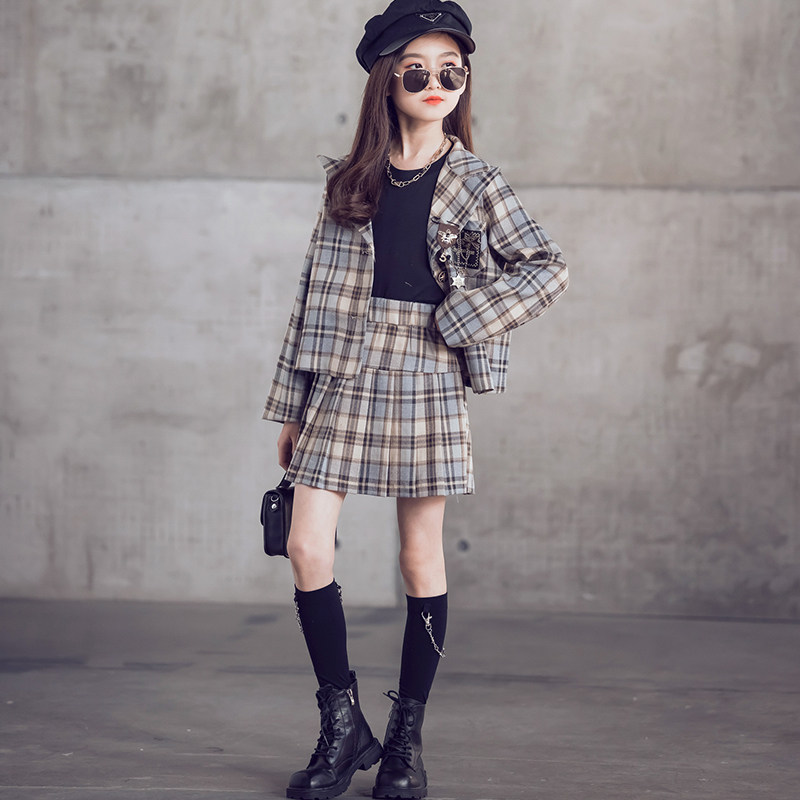 Girls Spring and Autumn JK Uniform College Style Suit Skirt 2021 New Korean Version of the Net Red Middle and Big Children's Pleated Skirt Two-piece Set