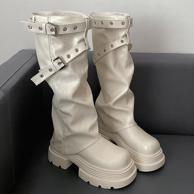 Retro Thick-Soled Long Boots for Women 2026 Autumn and Winter New Style British Style Heightening and Slimming Belt Buckle High-Top Knight Boots