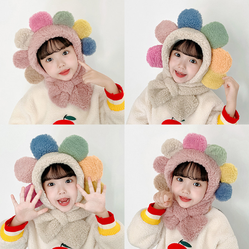Children's hat scarf one warm cute flower cartoon autumn and winter super cute plus velvet cold protection face ear protection hat