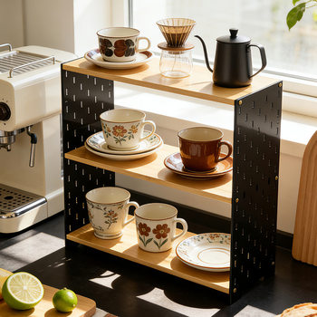 Cup holder double-layer water cup storage rack coffee corner layout organizer solid wood hole board multi-functional storage rack tea cup