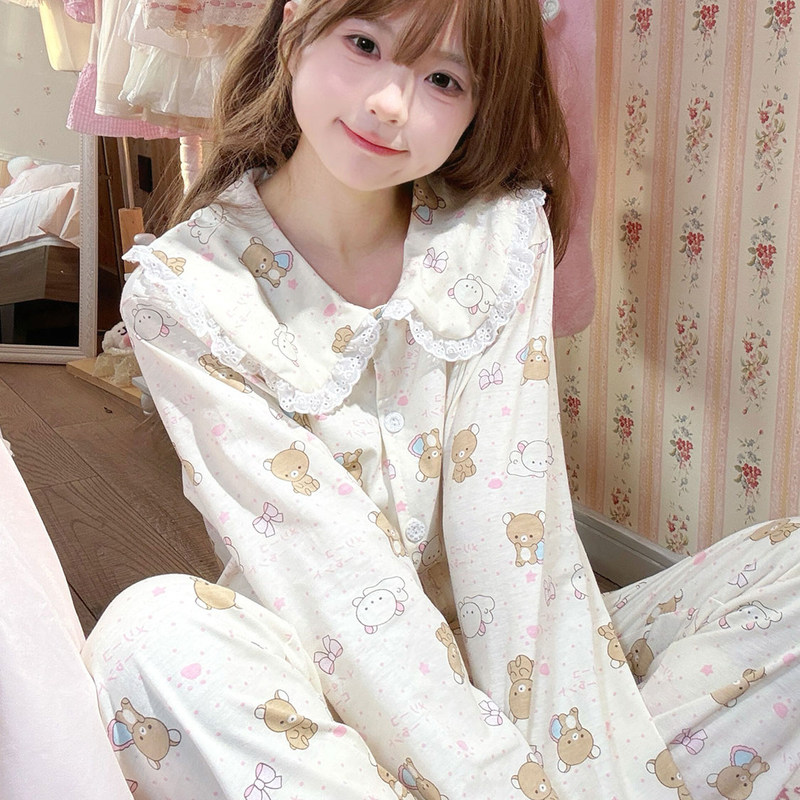 Rilakkuma Pajamas for Women, Spring and Autumn, Pure Cotton, Long-Sleeved, Long Pants, Doll Collar, Cute Cartoon Girl Loungewear Set, Summer