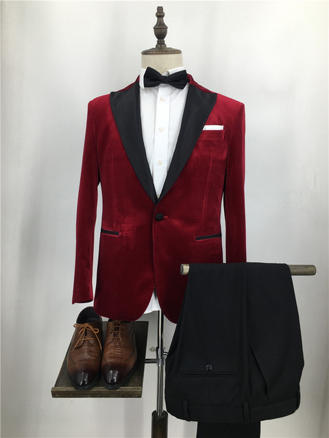 ແບບດຽວກັນຂອງ Star's burgundy velvet slim men's suit custom groom wedding suit host banquet top