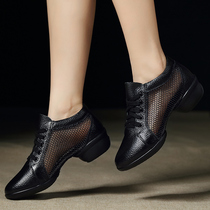 Rhinoceros summer breathable square dance shoes womens real leather mid-heel sailor dance shoes hollow jazz dance soft-soled womens shoes