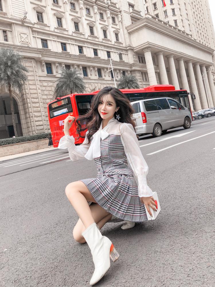 DABI 韓系蝴蝶結拼接百褶裙套裝長袖裙裝 DABI 韓系蝴蝶結拼接百褶裙套裝長袖裙裝