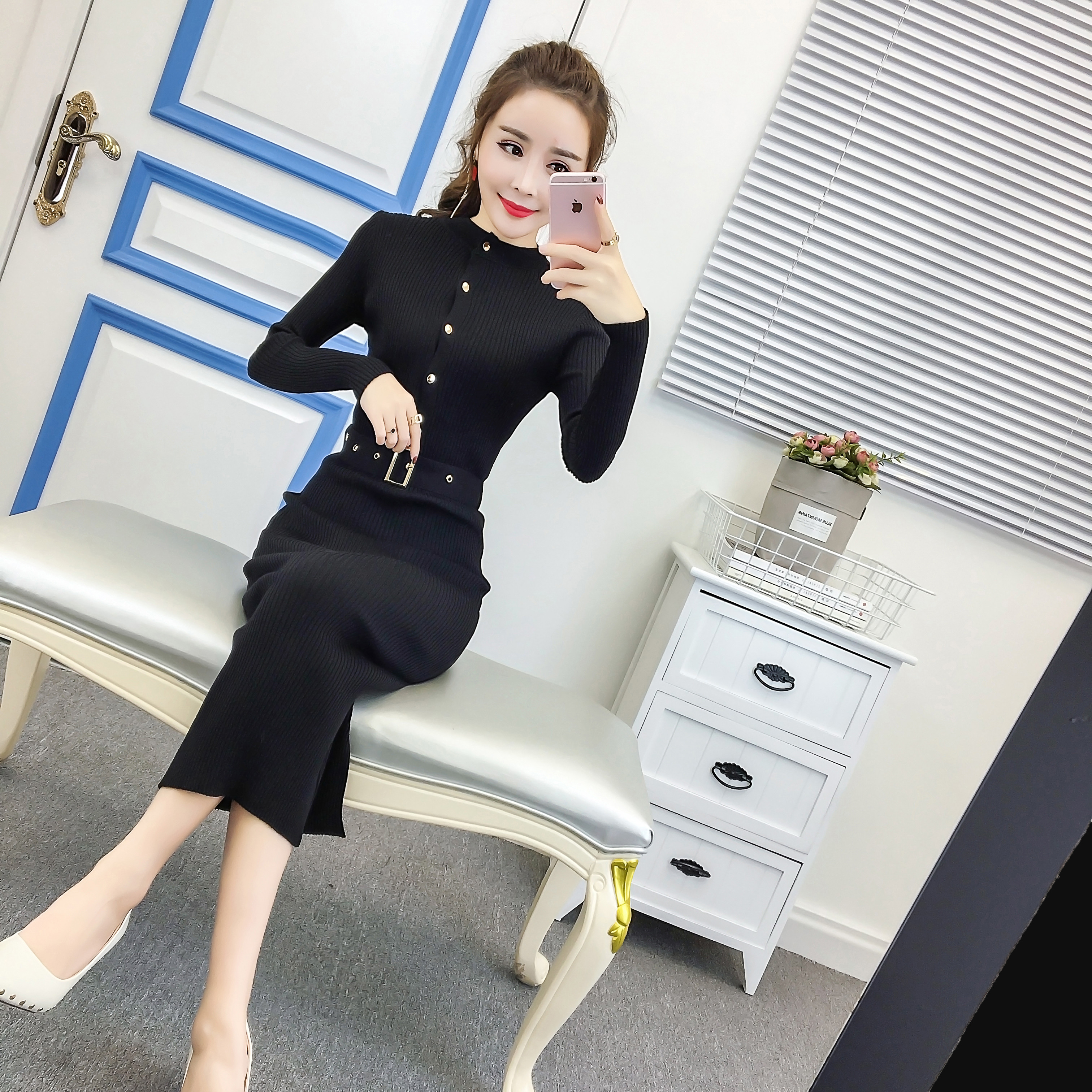 DABI 韓國風單排扣修身包臀純色長款針織長裙長袖洋裝