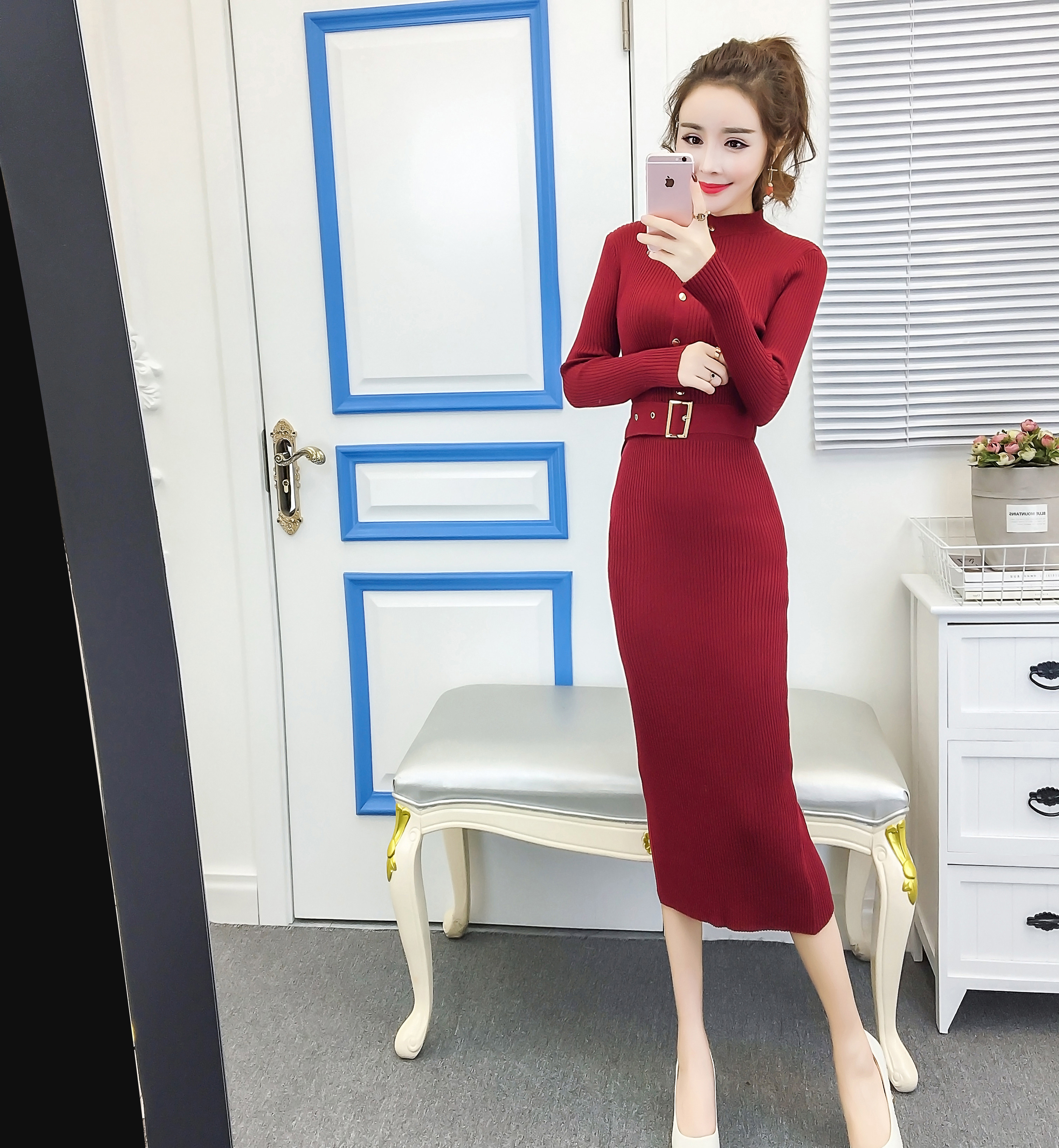 DABI 韓國風單排扣修身包臀純色長款針織長裙長袖洋裝