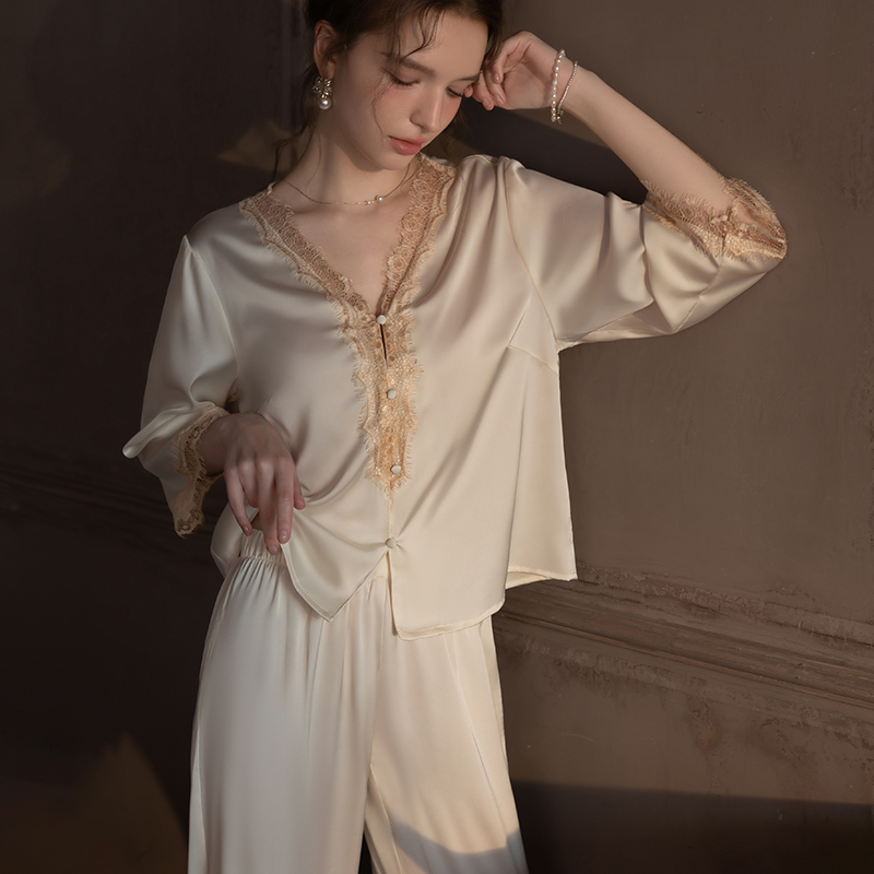 Forced to Sell Sexy French Silk Pajamas, Lace Three-Quarter Sleeve Long Pants Two-Piece Set, Silk Loungewear