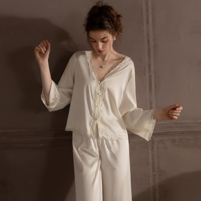 Forced to Sell Pajamas 19mm Mulberry Silk Loungewear Set Sexy Silk Lace Long-Sleeved Long Pants Pajamas for Women Forced to Sell Pajamas 19mm Mulberry Silk Loungewear Set Sexy Silk Lace Long-Sleeved Long Pants Pajamas for Women