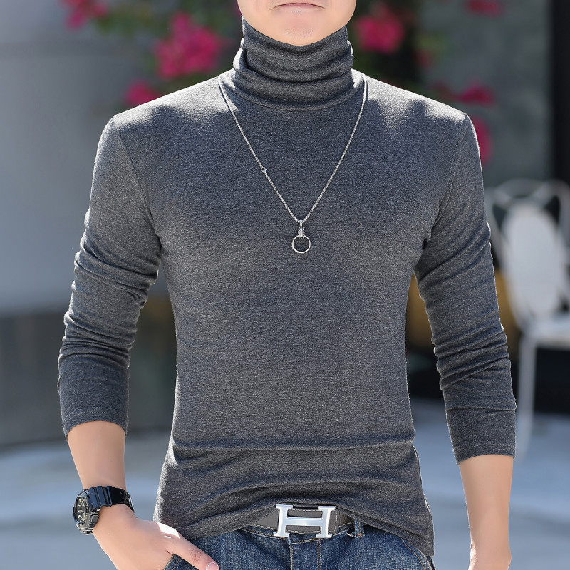 Men's Turtleneck Base Layer Shirt for Autumn and Winter, Thickened, Pure Cotton, Stacked Collar T-Shirt, Slim Fit, Long Sleeve, Solid Color, Plus Size, Trendy Autumn Clothing