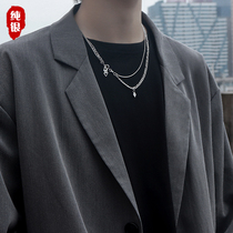 Sterling silver multi-layer rhombus necklace mens trendy hip-hop light luxury Japanese niche high-end pendant clavicle chain decoration