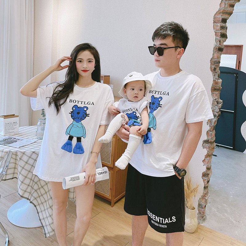 Parent-child Summer Clothing Han Edition Loose a family of three mother and mother female clothing Stereocartoon Tiger T-Shirt Short Sleeve Pure Cotton
