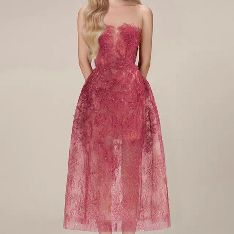 Light Luxury Niche Lace Dress, Vietnamese Designer, Elegant Three-Dimensional Floral Sequins, Sheer Heavy-Duty Strapless Long Dress