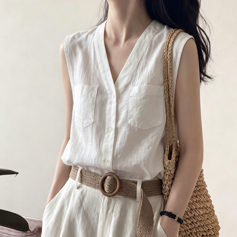 French-Style V-Neck Sleeveless Vest Shirt for Women, Summer Work Clothing, Versatile Shirt, High-End Cotton and Linen Casual Top French-Style V-Neck Sleeveless Vest Shirt for Women, Summer Work Clothing, Versatile Shirt, High-End Cotton and Linen Casual Top