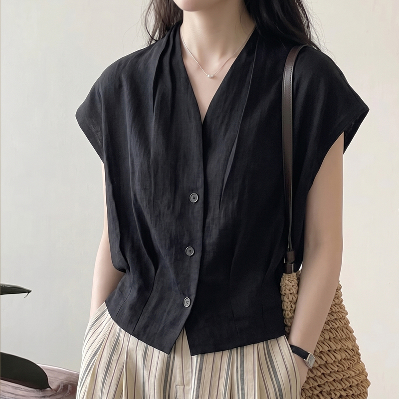 Black High-End V-Neck Short-Sleeved Shirt for Women, Summer Loose-Fitting Waist-Cinching Sleeveless Pleated Shirt, Commuter Top