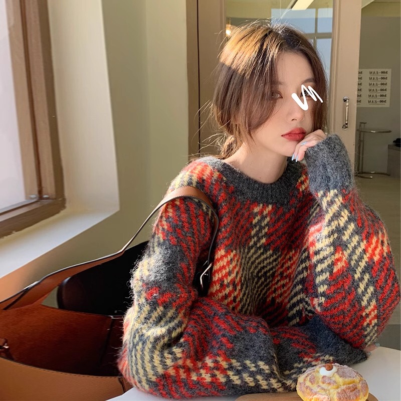French Retro Houndstooth Red Christmas Lazy Style Knitwear for Women Autumn and Winter 2026 New Style Knitwear Loose Top French Retro Houndstooth Red Christmas Lazy Style Knitwear for Women Autumn and Winter 2026 New Style Knitwear Loose Top