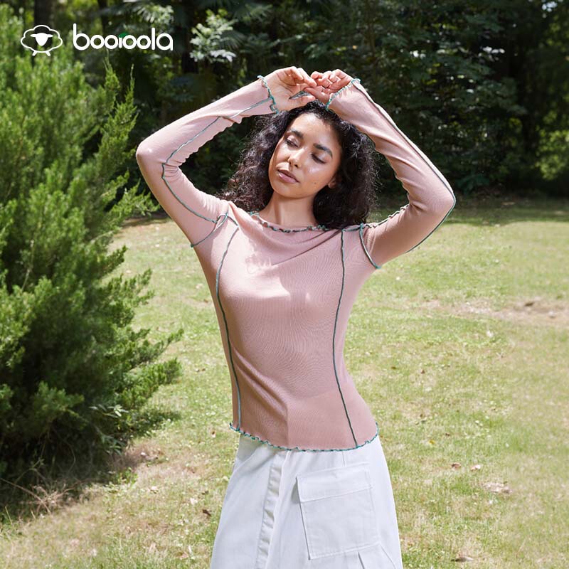Booroola Autumn and Winter 100% Merino Wool Ribbed One-Shoulder Long-Sleeved T-Shirt Women's Casual Inner Top