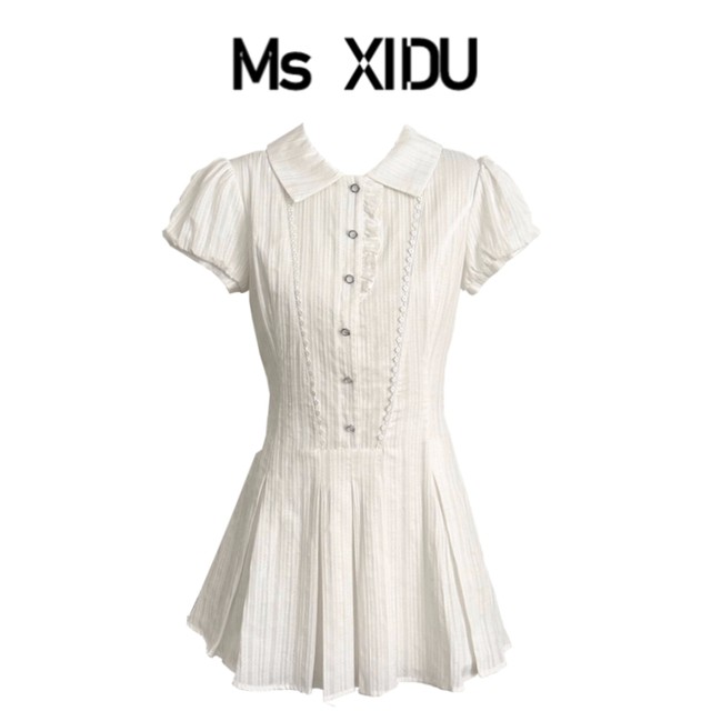 MsXIDU'Waiting for you after class' dress A-line skirt short-sleeved shirt dress commuting college style hot girl tea break dress summer