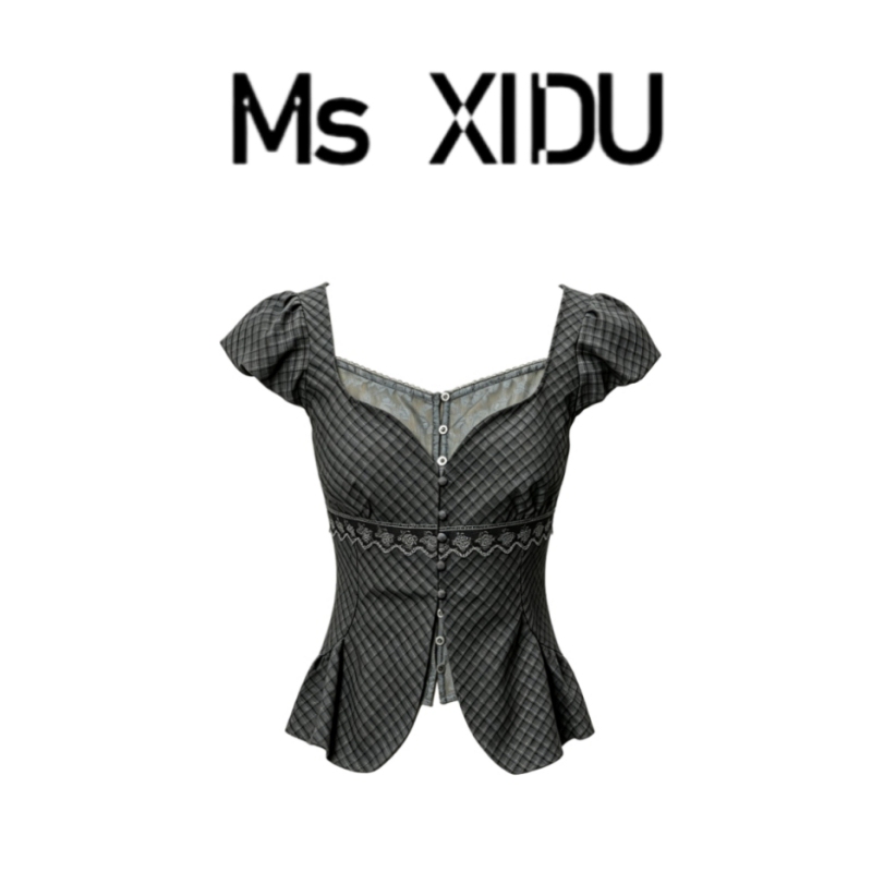 Msxidu Fake Two-Piece Summer Lace-Trimmed Shirt for Women, Short-Sleeved Plaid Chic Top with a Beautiful Design