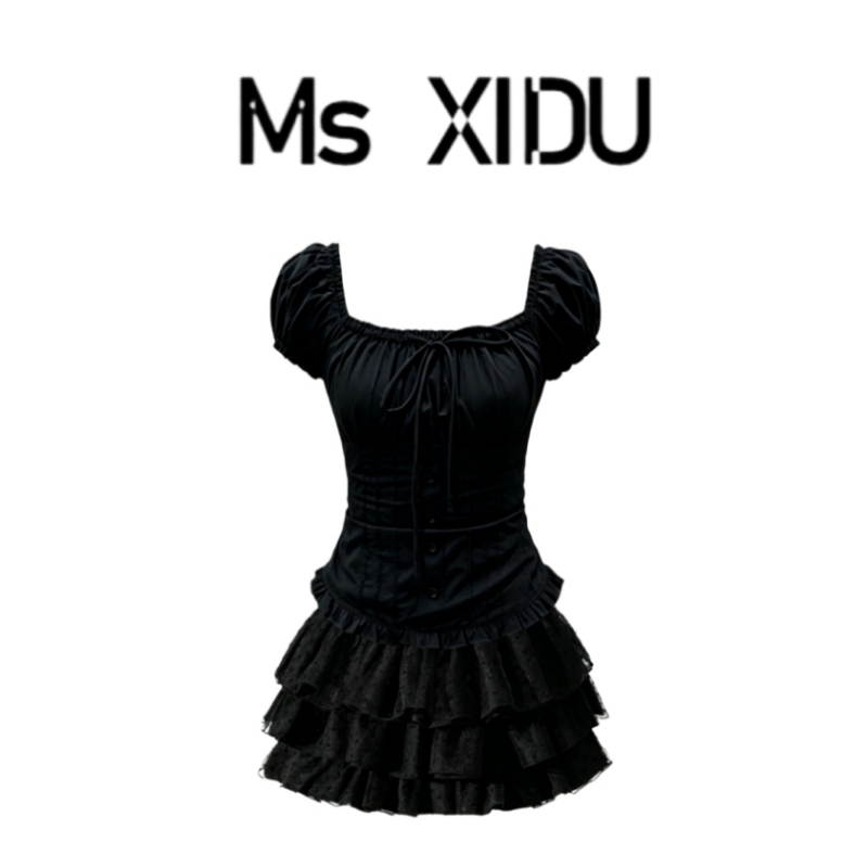 Ms Xidu French-Style Black Puff-Sleeve Square-Neck Shirt Short-Sleeve Polka-Dot Lace Puffy Cake Skirt Set