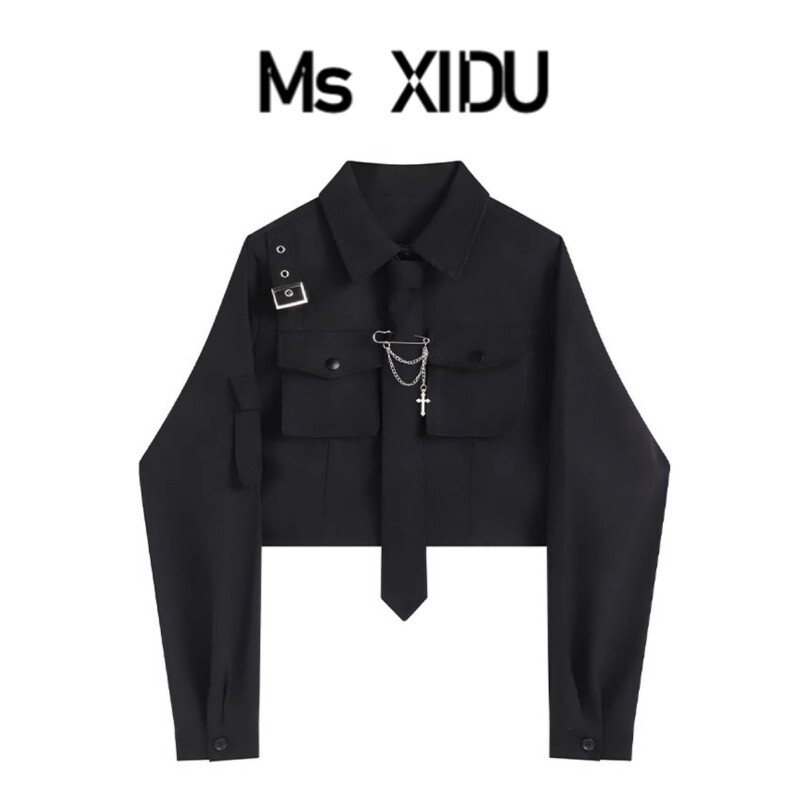 Ms Xidu Sweet and Cool Black Long-Sleeve Work Shirt for Women, Autumn Loose Design, Niche Short Chain Top, Trendy