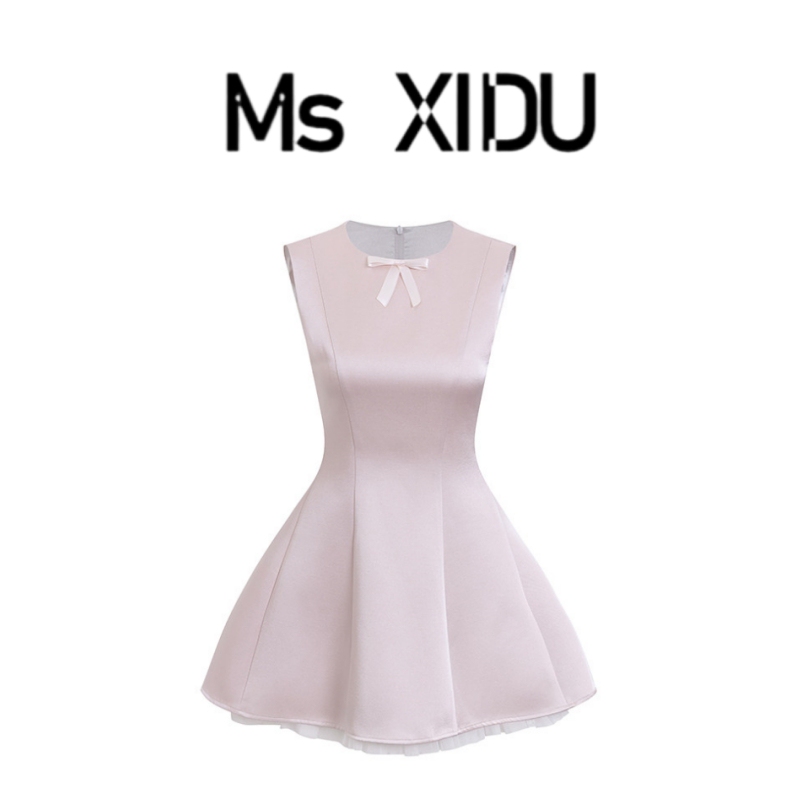 Ms Xidu Light Pink Glossy Satin Vest Dress for Women Summer Spliced Mesh Ballet Style Sleeveless Tutu Skirt