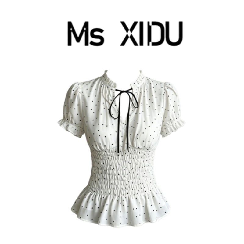 Ms Xidu French-Style White Polka Dot Short-Sleeve Shirt, Summer Puff Sleeve Blouse, Waist-Cinching Slimming Ruffled Top