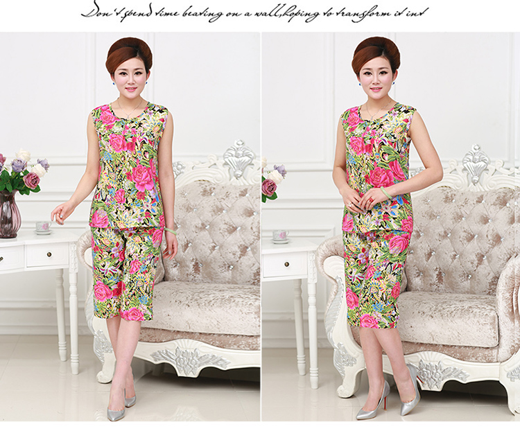 Mulberry lụa oriental lụa không tay vest quần short đồ ngủ trung niên cộng với chất béo kích thước lớn nhân tạo cotton lụa dịch vụ nhà phù hợp với