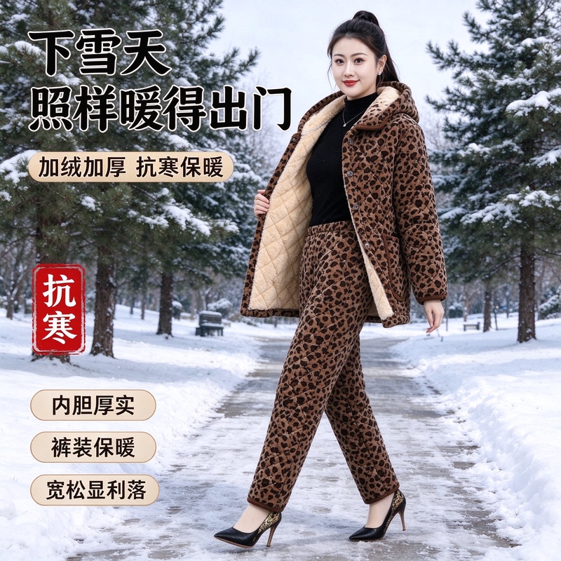 Thick Floral Leopard Print Coat, Sichuan Province Uniform-Style Outerwear, Fleece-Lined Long Thick Coat for Women Thick Floral Leopard Print Coat, Sichuan Province Uniform-Style Outerwear, Fleece-Lined Long Thick Coat for Women