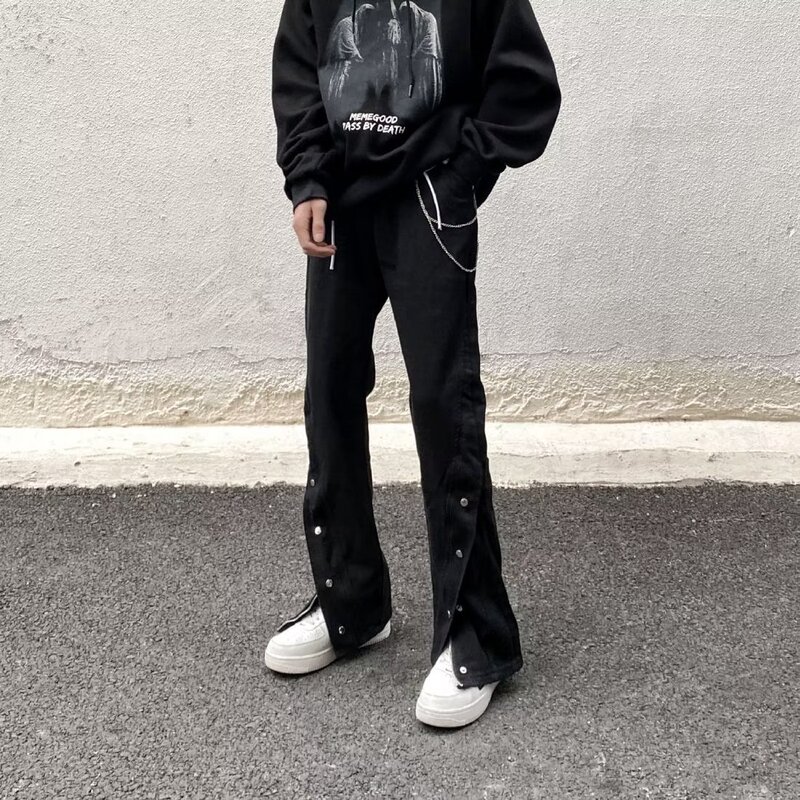 American High Street Vibe Casual Button-Up Jeans for Men with Side Zipper Slits, Loose Straight-Leg Flared Pants